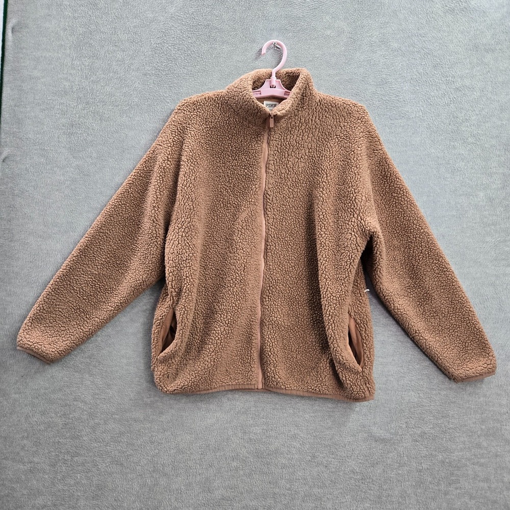 Pink Women Jacket‎ M Beige Long Sleeve Logo Sherpa Pockets Full Zip